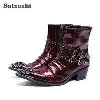 batzuzhi western men ankle boots punk style pointed metal tip buckles mens cowboy boots high top botas hombre 6 5cm heels us12