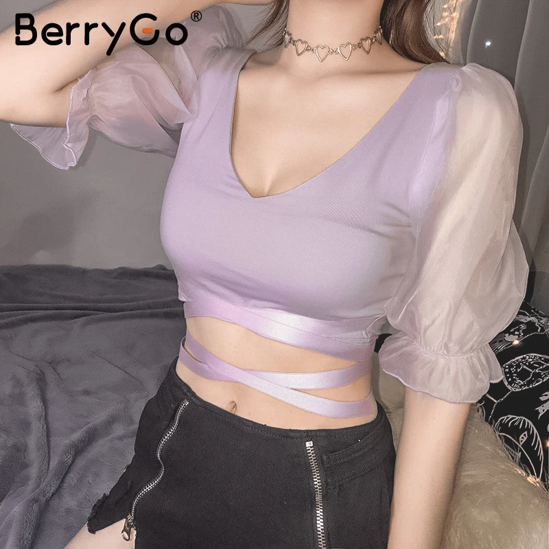 BerryGo сексуальные сетчатые женские короткие топы с v образным вырезом бандажные