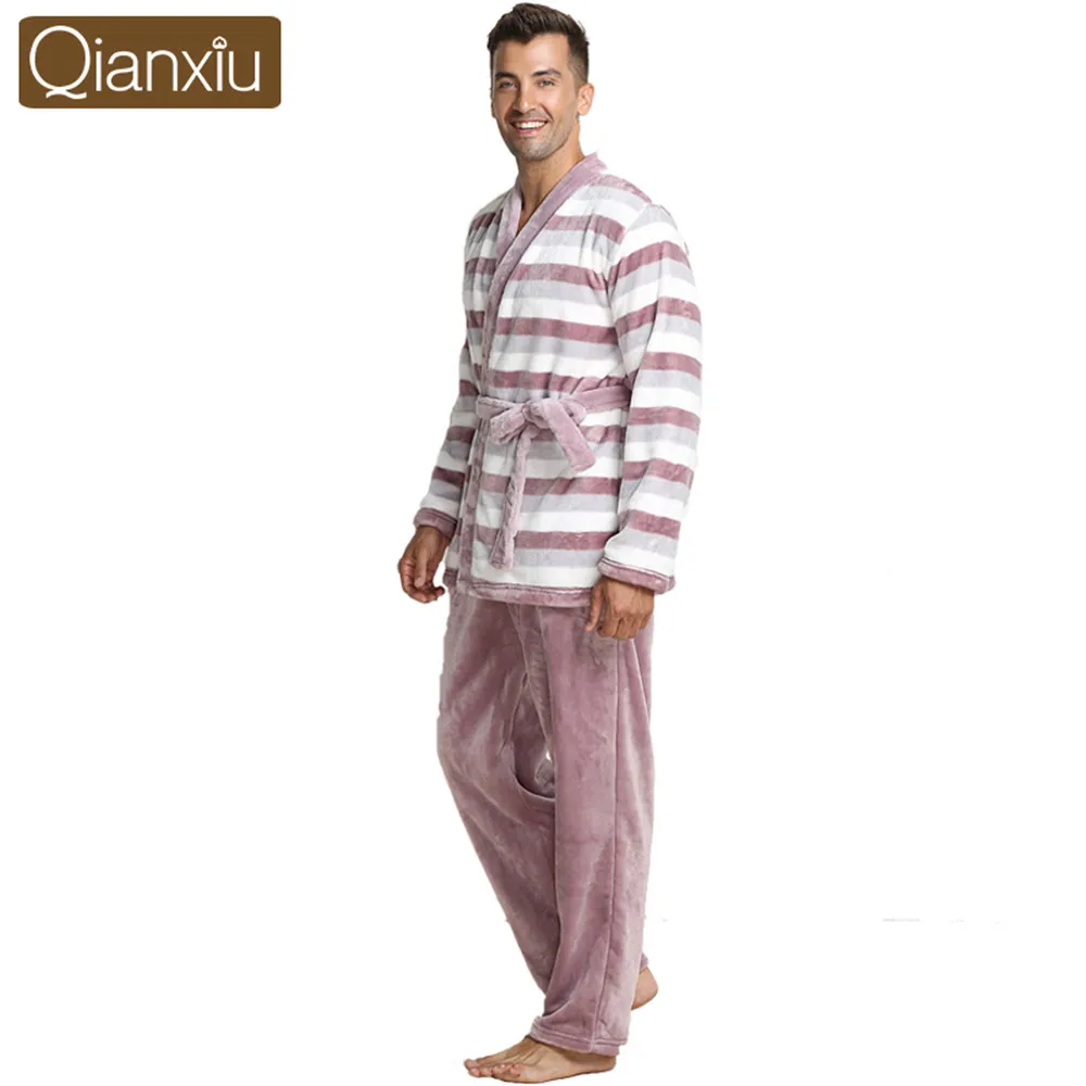 Qianxiu Brand Men Pajamas Casual Thicken Mink Wool Turn-Down Collars Striped Lounge Wear For Men Couples Nightwear Men Robe