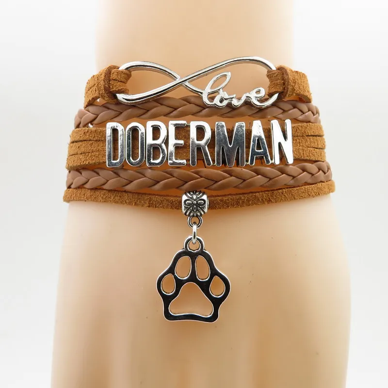 Brown-doberman Мода Любовь браслет с надписью doberman подвеска собачья лапа собака добермана черная кожа браслеты из нержавеющей стали для мужчин и женщин, сумки для ювелирных изделий - Окраска металла: Brown-doberman