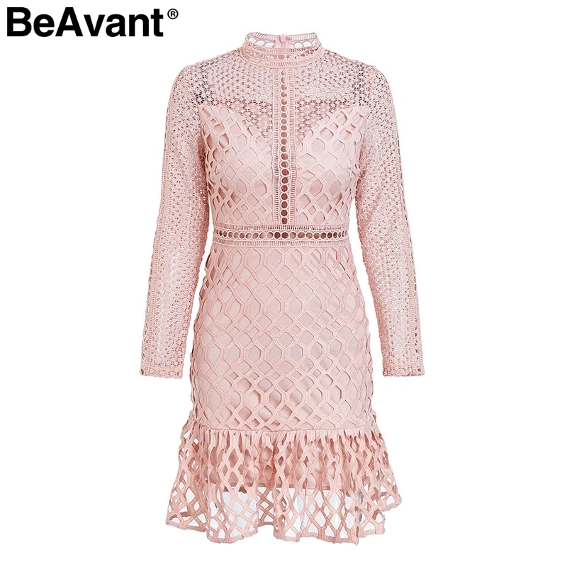 Nude Pink BeAvant, о-образный вырез, сексуальные зимние платья, милое розовое кружевное платье с оборками, осень, высокая талия, вечернее платье с длинным рукавом для женщин - Цвет: Nude Pink