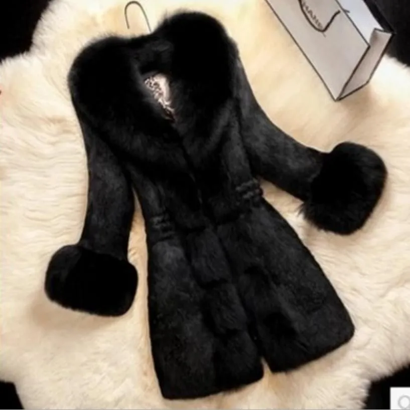 XS-6XL зима размера плюс женская Корейская версия шуба из искусственного меха кролика Женская с воротником из искусственного лисьего меха теплая верхняя одежда L1089