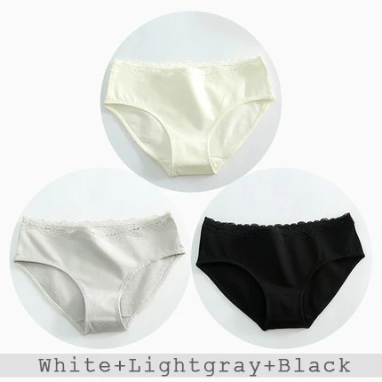 White Lgray Black 3 шт./лот, кружевные хлопковые трусики, женское нижнее белье, дышащие трусы для девочек, женские трусики со средней талией, бесшовные трусы DULASI - Цвет: White Lgray Black