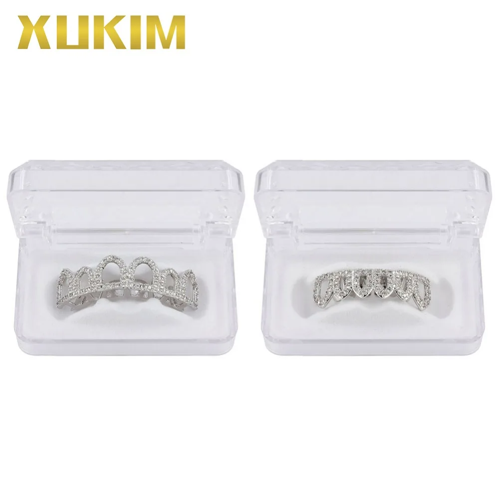 

Xukim Jewelry Bing Bing Gold Halloween Top & Bottom Teeth Grillz Hollow AAA Cubic Zirconia Hip Hop Iced Out Rapper Jewelry Gift
