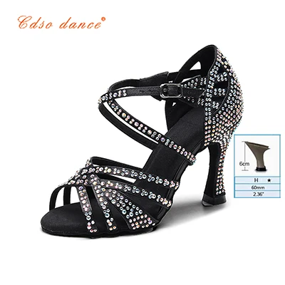 Black 6cm heel Cdso/Танцевальная женская обувь из бронзового атласа для латинских танцев; женские Стразы; обувь для сальсы; вечерние свадебные туфли на высоком каблуке 10 см; мягкая подошва - Цвет: Black 6cm heel