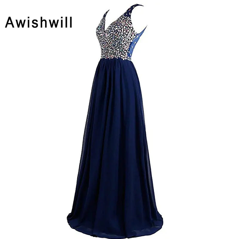 New Fashion A-Line V-neck Floor Length Chiffon With Beads Long Evening Dresses 2020 Sleeveless Sexy Party Prom Open Back | Свадьбы и
