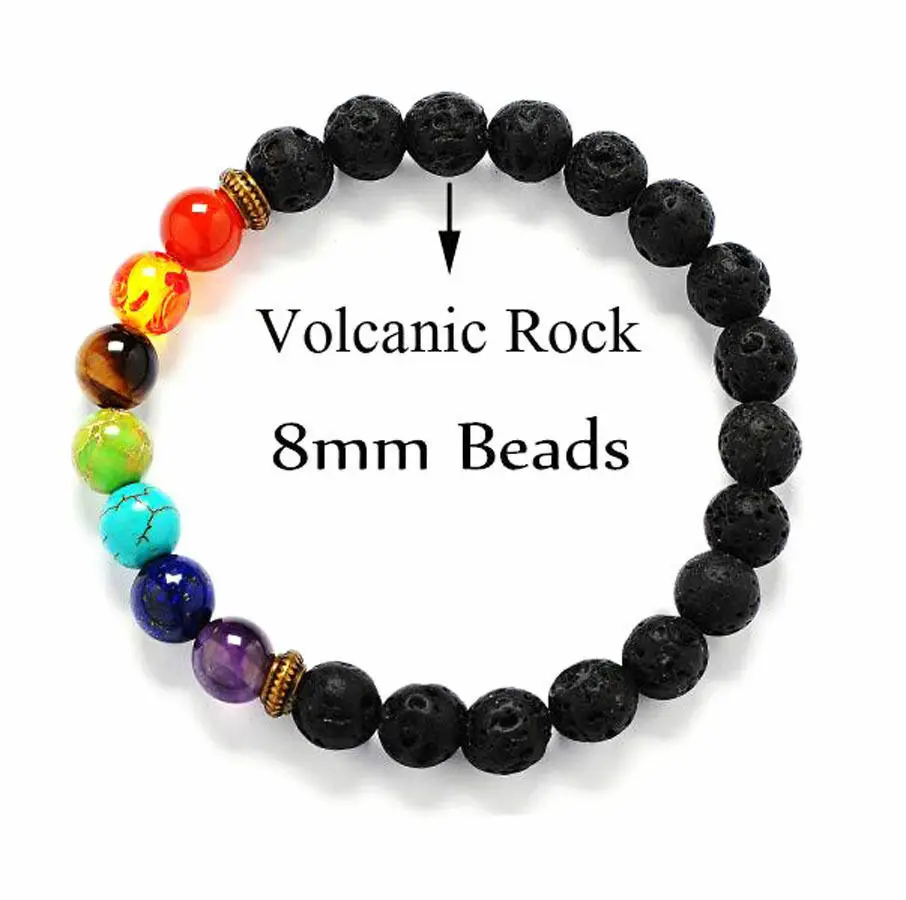 7 Chakra Bead Модный браслет для мужчин натуральный черная лава браслет из бисера браслеты из лунного камня Для женщин 7 Чакра Йога ювелирные изделия 8 мм бусы из лавы - Окраска металла: 7 Chakra Bead
