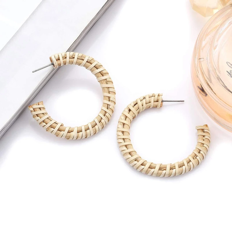 Плетеные серьги из ротанга ручной работы легкие сережки кольца соломы в богемном