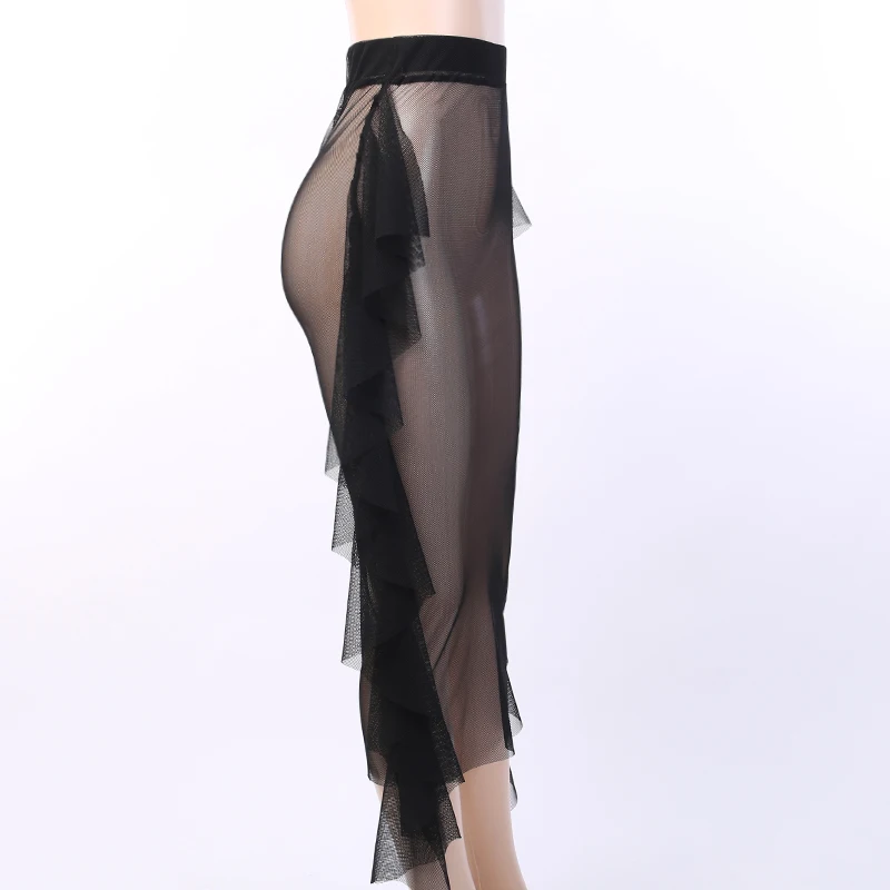 InstaHot Fish Net Pencil Maxi Skirts Sexy Women Mesh See Trough Ankle Length High Waist Lace Tassel Long Party Black Skirt
