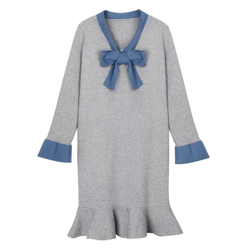 Женское трикотажное платье с бантом вечерние платья длинным рукавом кардиган