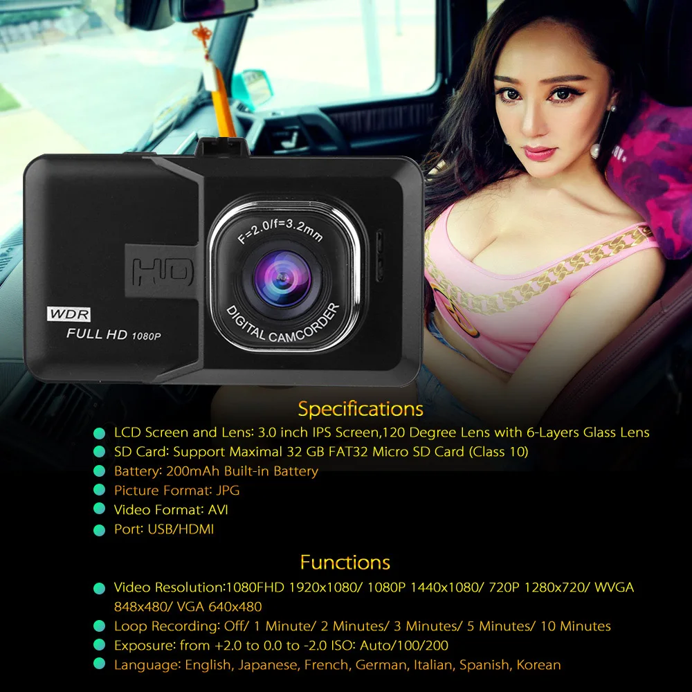 Оптовая продажа 3 0 дюймовый экран Full HD 1080 P Автомобильный видеорегистратор Мини