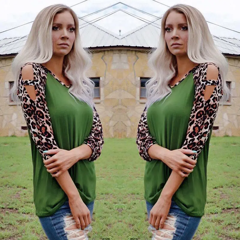 

Women Autumn Splice Sexy Flare Long Sleeve Shirt Front Leopard Print Blouse Tops