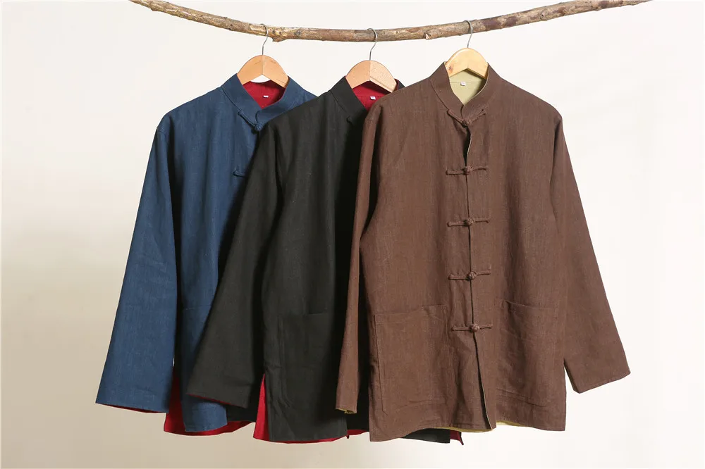 Мужское Двустороннее пальто из чистого льна в китайском стиле повседневная