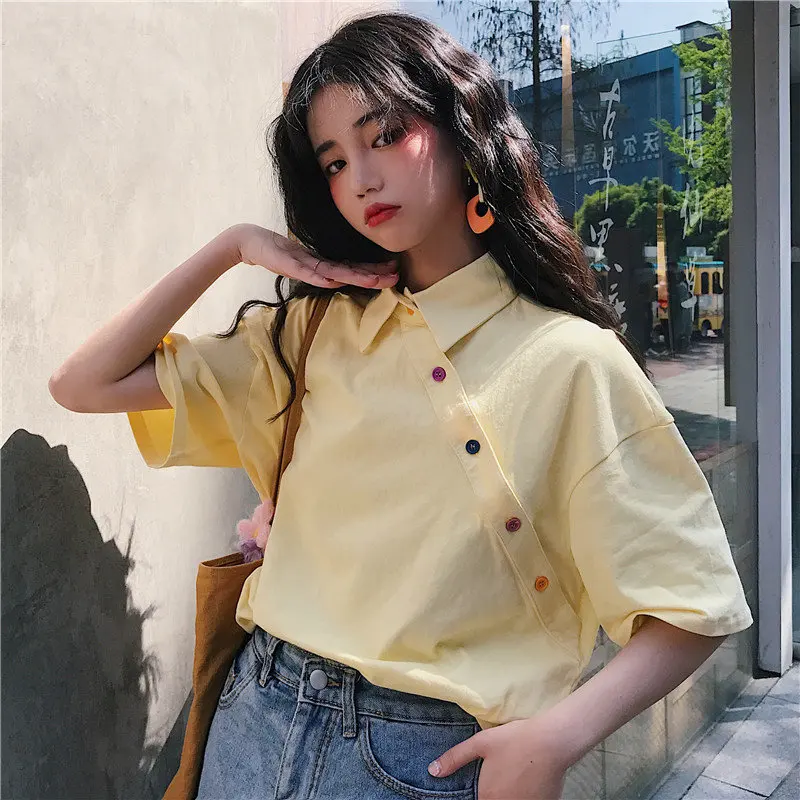 yellow Чужой Kitty Chic Лидер продаж Модные простые свежий повседневная женская обувь Высокое качество Лето Рубашка с короткими рукавами хлопковая футболка 5 цветов - Цвет: yellow