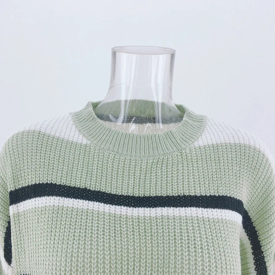 

Green Stripes Ribbed Sweater Womens Fall Winter Knitted Pullover Long Sleeve O Neck Jumpers Streetwear Lady Sweaters