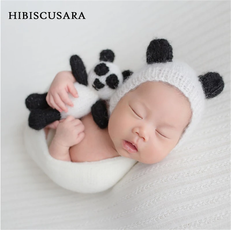New Arrival Adorable Baby Photo Clothing Mohair Handmade Knitted Panda Doll + Hat 2pcs Set Photo Props Accessories