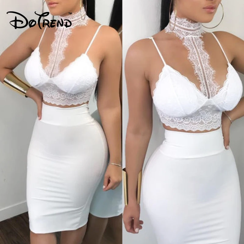 

Women Ladies 2 Piece Lace Bodycon Two Piece Outfits Sleeveless Shirt Crop Tops Skinny Skirt Set Bandage Party Clothing
