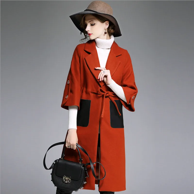 European New Style Elegant Woolen Coat Women Half Sleeve jacket Fashion Winter 2017 Ladies Slim PU Pocket Spliced Outwear coat |