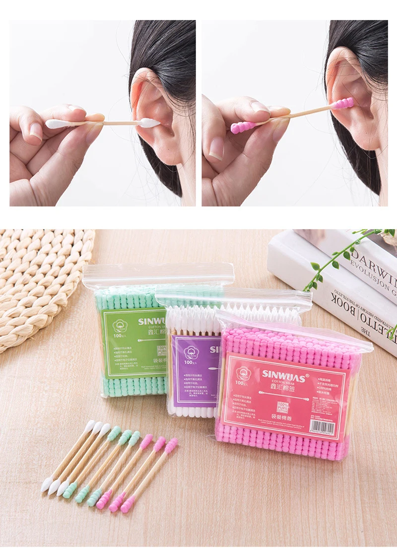 100pcs/pack Disposable Cotton Swabs Ears Clean Cotton Spiral Sticks Makeup Applicator Swab Eyebrow Lipsticks Cotton Buds Tip