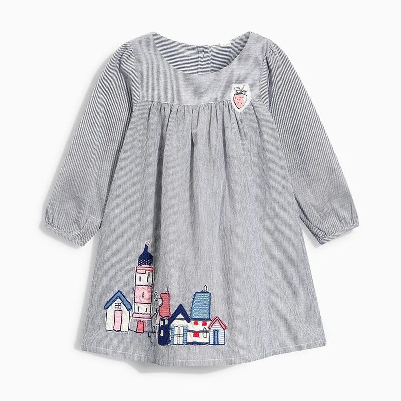 

Little Maven Spring Autumn New Kids Gray Striped Houses Applique Full-Sleeved O-neck 1-6yrs Woven Cotton Girls Casual Dresses