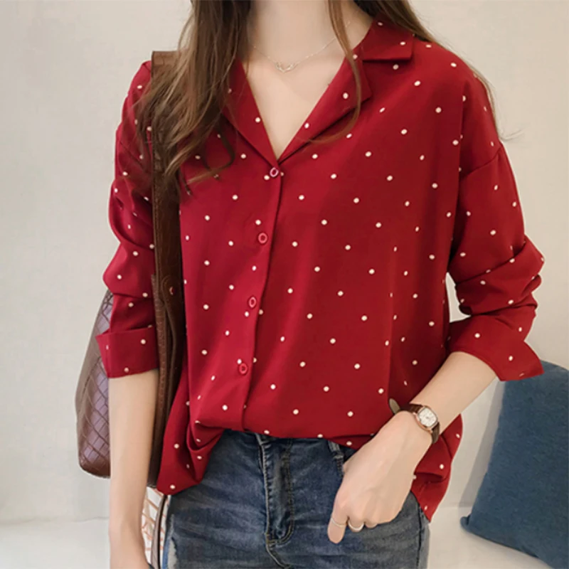 Женская Свободная шифоновая рубашка с принтом в горошек блузка длинным рукавом M