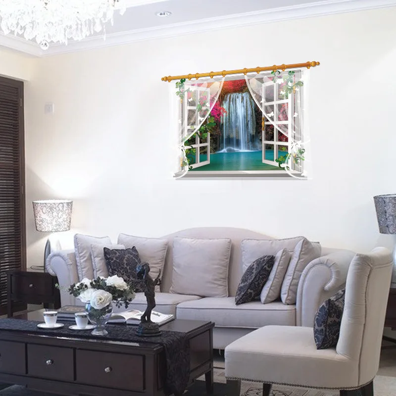 3D Window View Wall Sticker Waterfall Scenery Home Decoration Stickers Living Room Bedroom Art Mural Poster Decals | Дом и сад