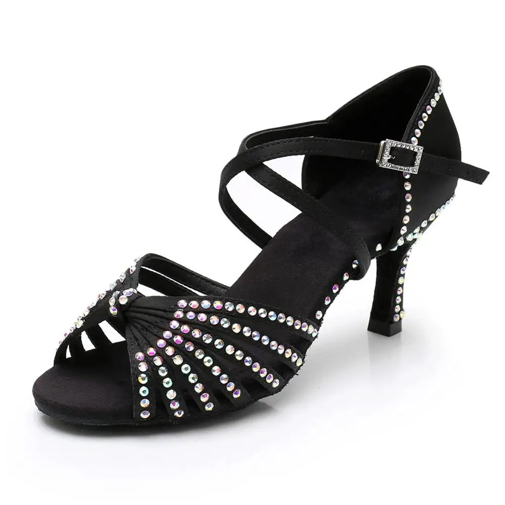 5cm heels Black Стразы женские Танго/бальные/латинские танцы танцевальная обувь на каблуке Сальса профессиональная танцевальная обувь для девушек 5 см/7 см - Цвет: 5cm heels Black