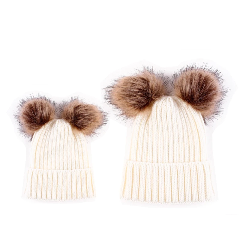 Детские шапочки для взрослых двойной помпон с искуственным мехом шапка зимние