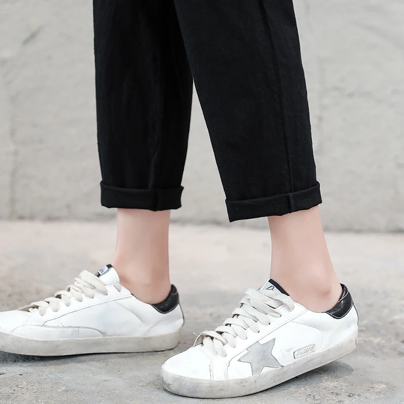 Брюки султанки Женские однотонные хлопково льняные штаны с завышенной талией