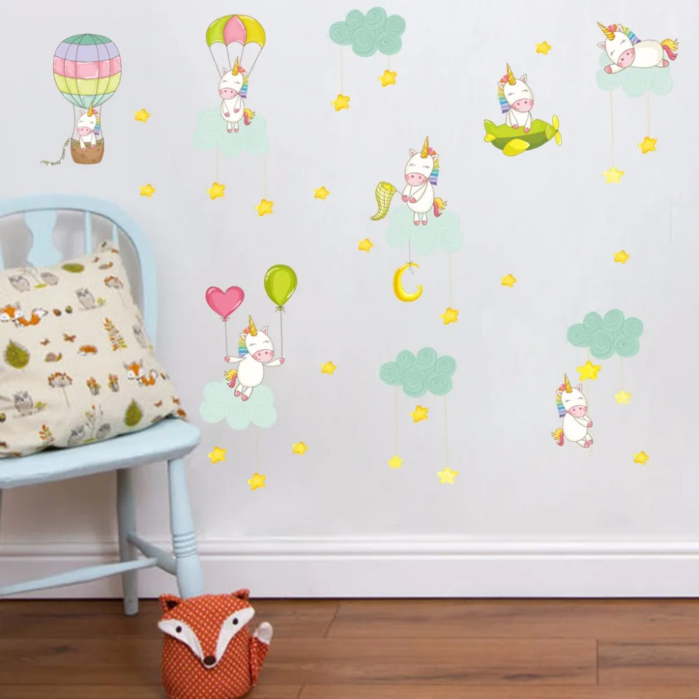 Funny unicorn wall stickers for Kids room bedroom vinyl balloon stars decals self-adhesive wallpaper diy poster dc8 | Дом и сад