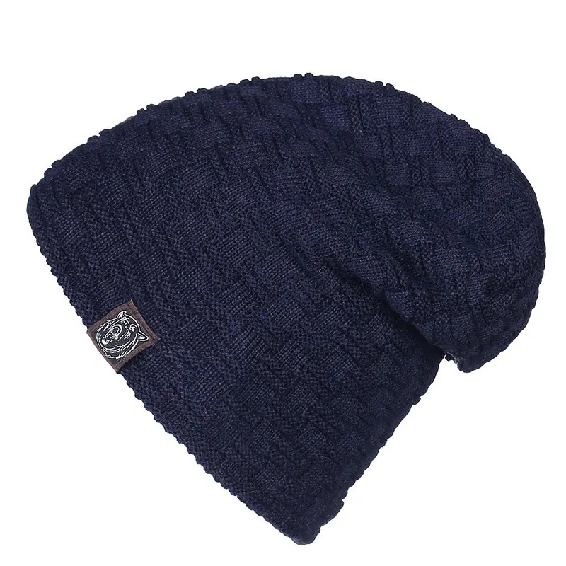 Мужская теплая зимняя вязаная шапка в клетку с флисовой подкладкой мешковатые