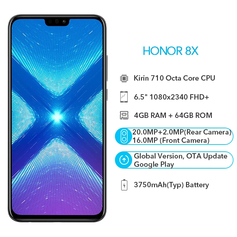 Оригинальная глобальная версия Honor 8X4 GB 64GB Google Play Kirin 710 Восьмиядерный 20MP + 16MP