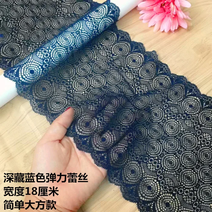 

5Yard 18cm Width Soft Elastic Bilateral Lingeire Lace Trims DIY Embroidered Navy Blue Lace Trimmings Dress Sewing Fabrics