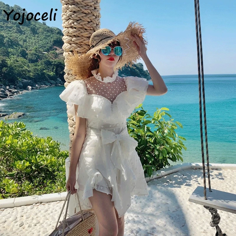 Yojoceli boho пляжное белое шифоновое жаккардовый в горошек платье женское мини с