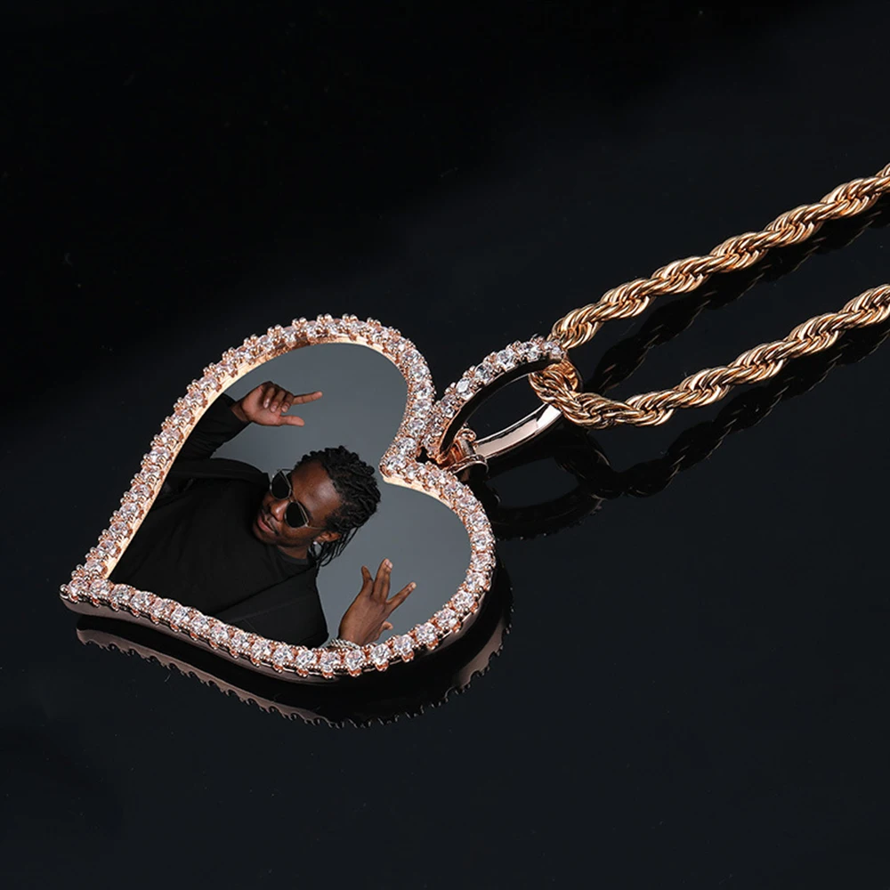 Сделанное на заказ фото сердце медальоны Iced Out CZ кулон ожерелье с веревкой