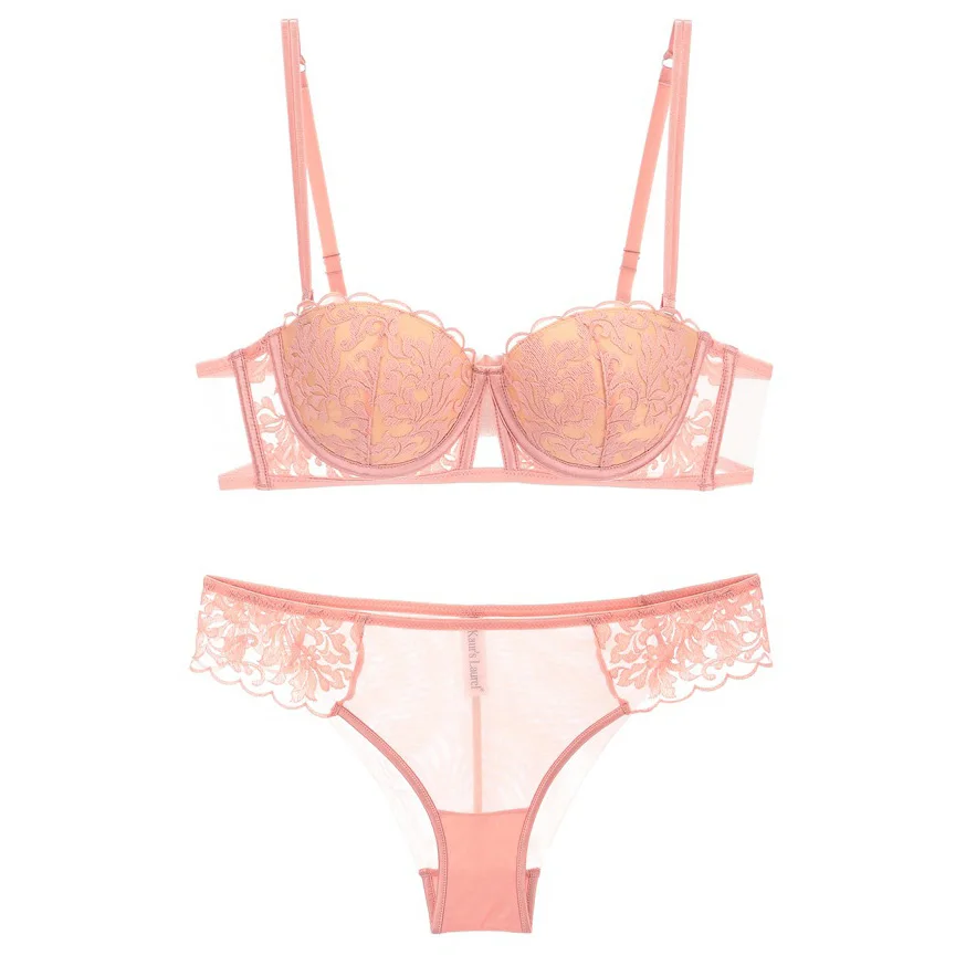 Комплект женского нижнего белья с чашками пуш ап и цветочной вышивкой|Комплекты