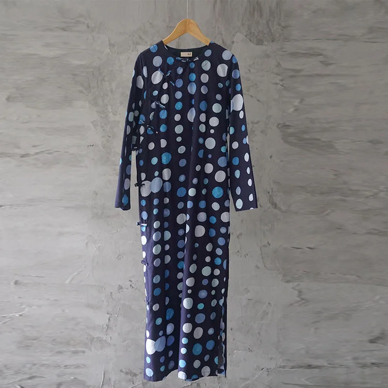Johnature женское Новое хлопковое льняное платье с круглым вырезом и пряжкой Cheongsam 2021