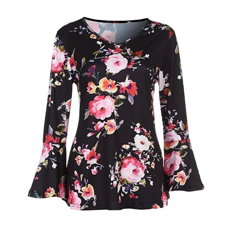 2018 Women Chiffon Print Blouse Spring Ruffled Sleeve Floral Shirt For Female V-Neck Blusas Elegant Tops Ladies |