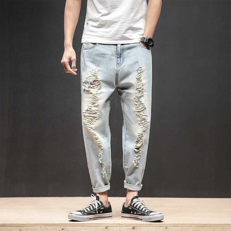 Летние мужские свободные джинсы модные 2019 весенние зауженные повседневные с