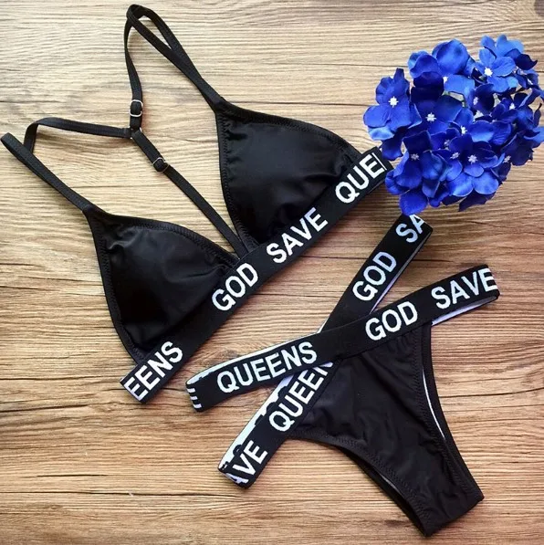Сексуальное бикини женский купальник с буквенным принтом черный пляжный костюм