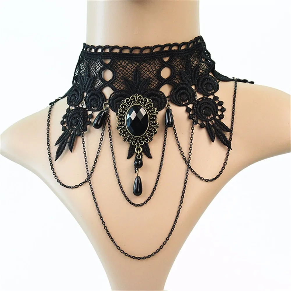 Черное Кружевное ожерелье-чокер 2022 Готическая широкая Хрустальная