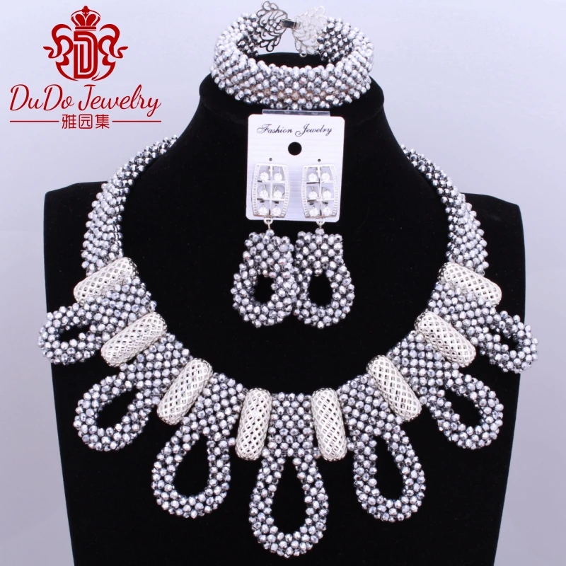 

2017 Fashionable Silver Big Design Jewelry Necklace Sets Nigerian Wedding African Beads Christmas Costume Jewelry Sets Brand