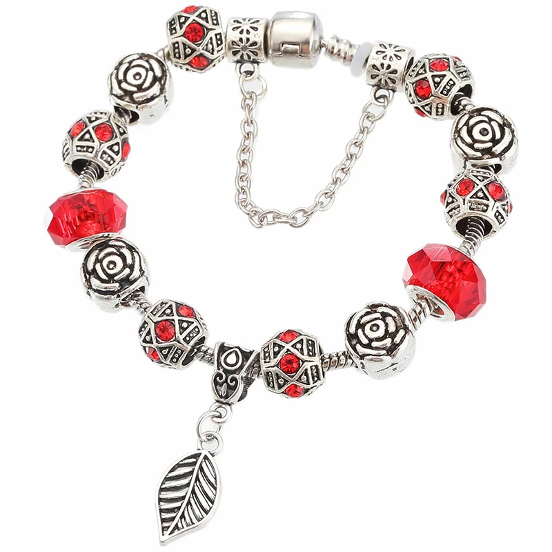 YKIN NEW Fashion Silver plated Bangles Crystal Beads Leaf shape Bracelets Antique Charm Vintage Jewelry for Women | Украшения и