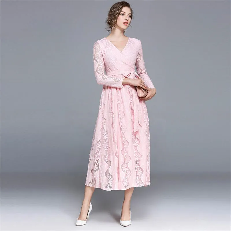 2019 Весенние новые женские элегантные кружевные Лоскутные Платье женское с v