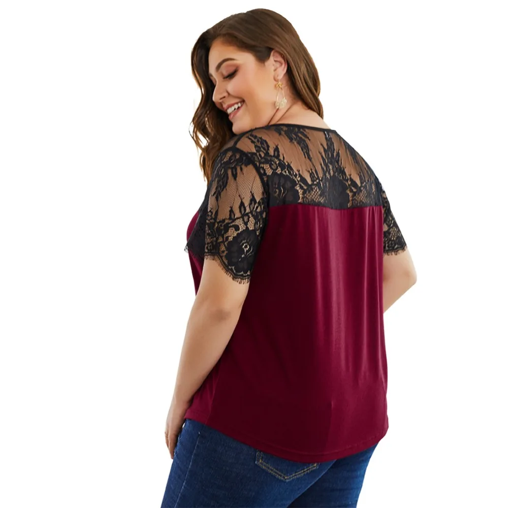 Женская Кружевная футболка с коротким рукавом и круглым вырезом бордовый