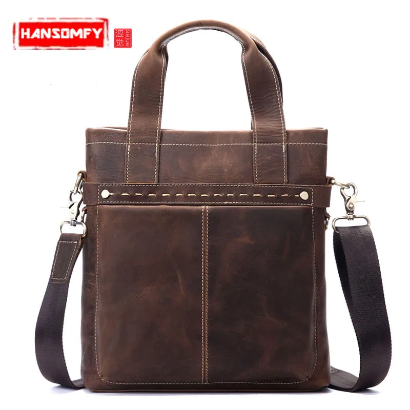 

Men Genuine Leather Briefcase Retro Messenger Bag Men's Handbags Shoulder Bag Crazy Horse Skin Leather Vintage Soft Piece Zipper