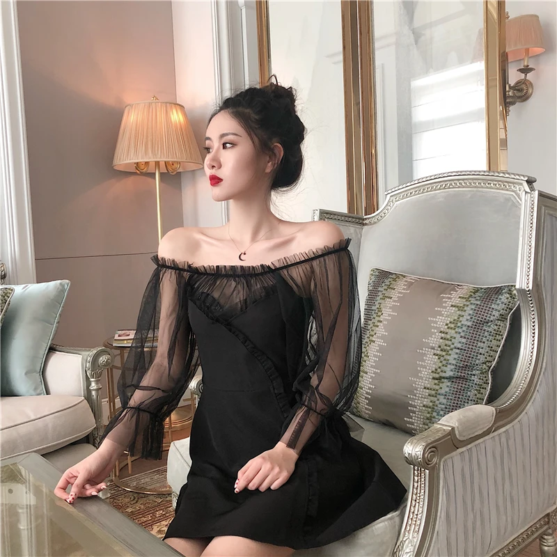 Черное летнее платье с вырезом лодочкой женская одежда на шнурках Сетчатое в