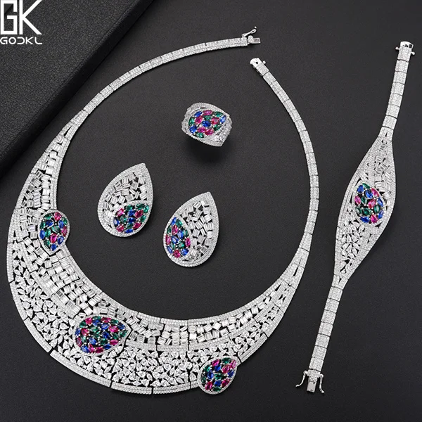 Smulticolor Godki роскошный многоцветный 4 шт. африканские комплекты украшений для женщин Свадебные кубический циркон Кристалл CZ помолвка Дубай Свадебные комплекты ювелирных изделий - Окраска металла: Smulticolor
