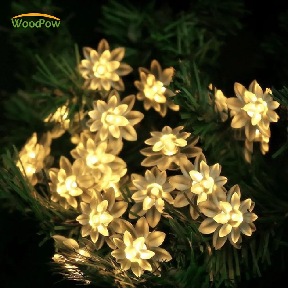 WoodPow двойной цветок лотоса солнечное освещение гирлянда 20 50LED водонепроницаемый