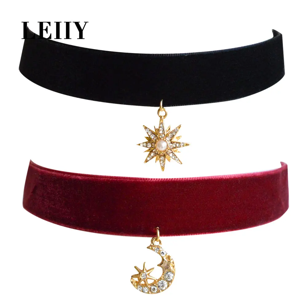 Leiiy Горячие Мода черного цвета красного вина бархат колье ожерелья Кристалл